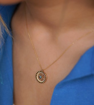 Mavi Taşlı Çiçek Kolye