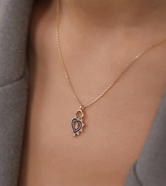 Lacivert Mineli Kalp Kilit Kolye