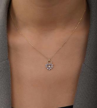 Lacivert Mineli Kalp Kilit Kolye