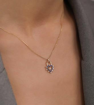 Lacivert Mineli Kalp Kilit Kolye