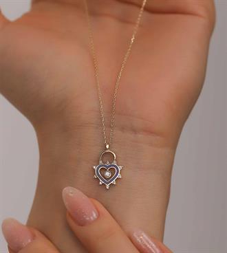 Lacivert Mineli Kalp Kilit Kolye