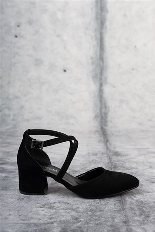 Siyah Süet Çapraz Topuklu Ayakkabı 