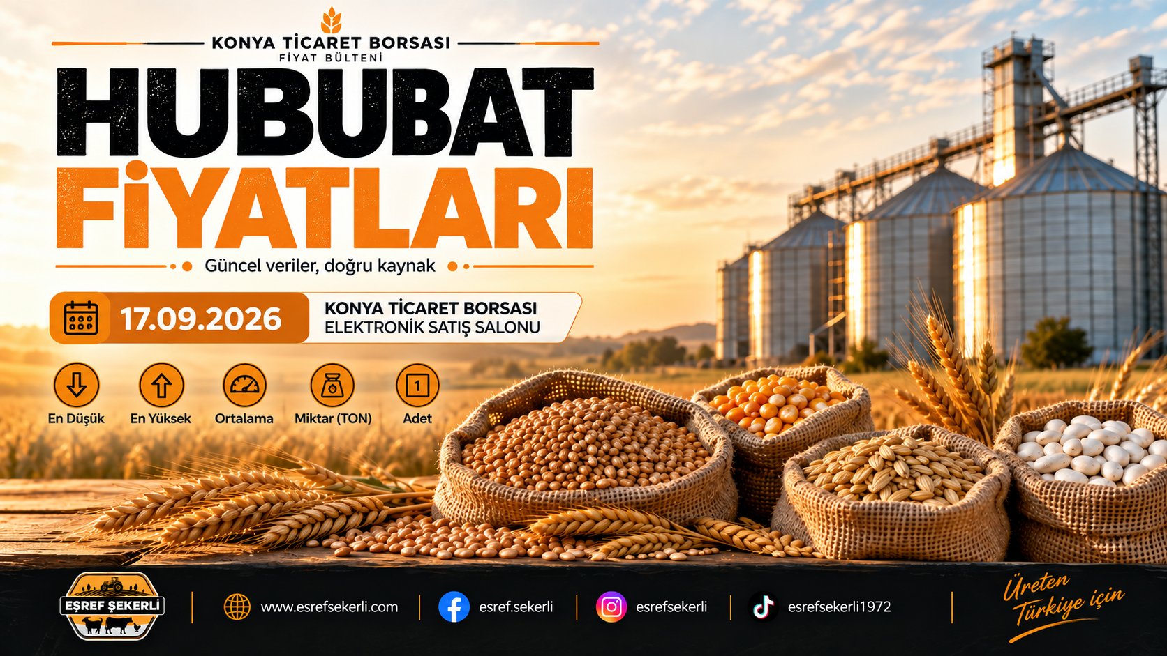 17 Eylül 2026 Konya Ticaret Borsası hububat fiyatları – buğday, arpa, mısır ve yulaf fiyatları