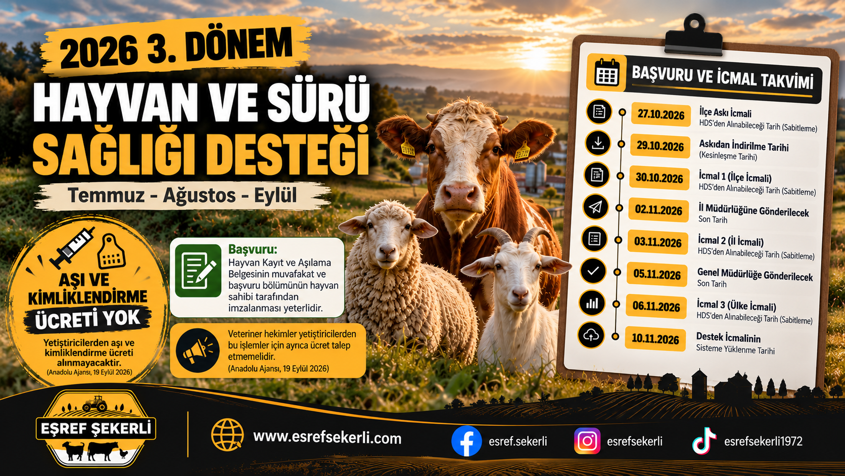 2026 3. Dönem Hayvan ve Sürü Sağlığı Desteği başvuru ve icmal takvimi