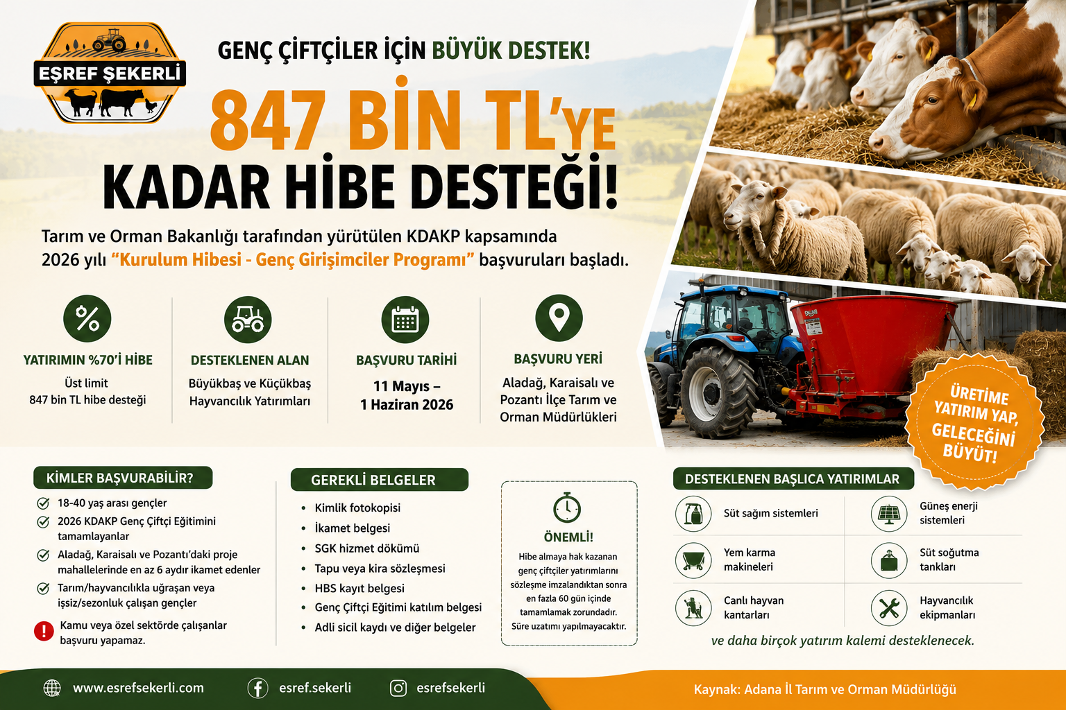 2026 genç çiftçi hibe desteği kapsamında büyükbaş ve küçükbaş hayvancılık yatırımlarına verilen 847 bin TL destek duyurusu