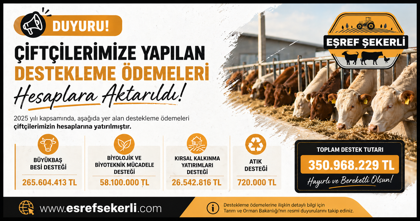 2025 yılı büyükbaş besi destekleme ödemeleri kapsamında çiftçilere yapılan 350 milyon TL’lik destek duyurusu