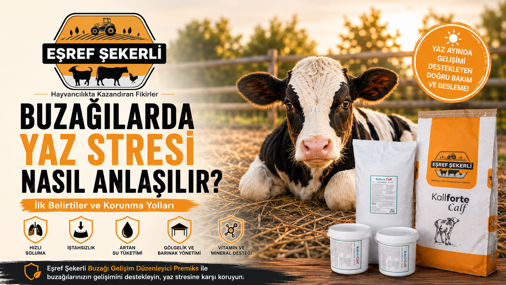 Buzağılarda yaz stresi belirtilerini anlatan bilgilendirici görsel, sıcak havalarda buzağı gelişimini destekleyen bakım ve besleme uygulamaları