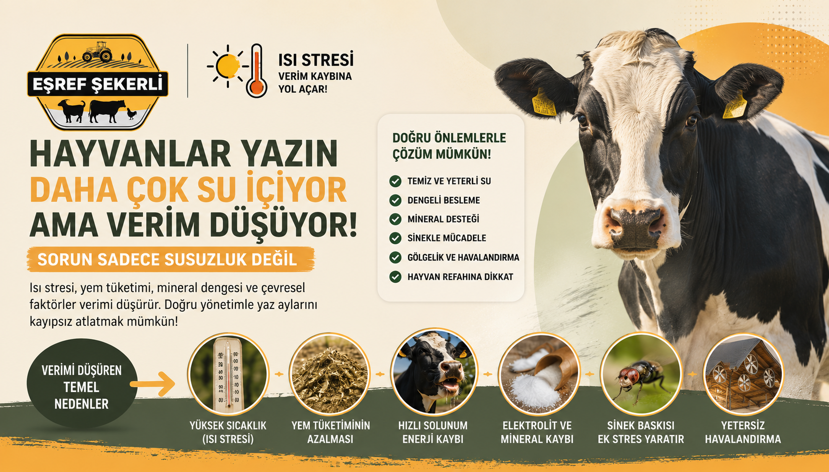 Yaz sıcaklarında su içmesine rağmen verim kaybı yaşayan büyükbaş hayvanlar ve ısı stresine karşı alınabilecek önlemleri gösteren modern çiftlik görünümü.