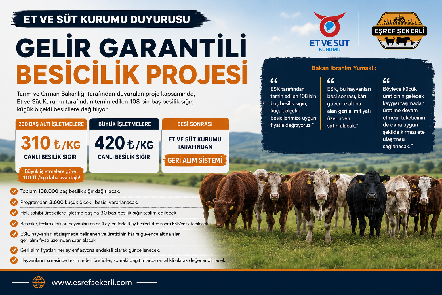 Et ve Süt Kurumu tarafından duyurulan Gelir Garantili Besicilik Projesi kapsamında 200 baş altı işletmelere 310 TL/kg canlı besilik sığır desteğini anlatan görsel.