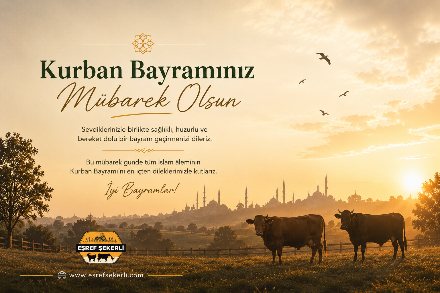 Gün doğumu eşliğinde kırsal alanda büyükbaş ve küçükbaş hayvanlar ile İstanbul silüetinin yer aldığı Kurban Bayramı kutlama görseli