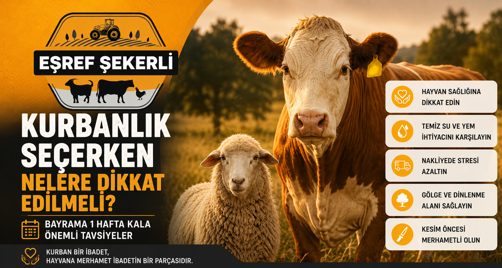 Kurban Bayramı öncesinde sağlıklı büyükbaş ve küçükbaş kurbanlık seçimi hakkında bilgilendirici blog görseli
