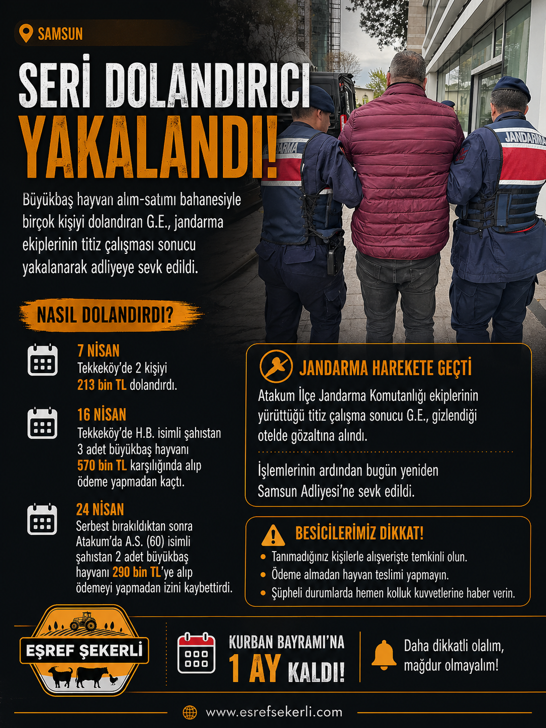 Samsun’da seri hayvan dolandırıcılığı yapan şüphelinin jandarma tarafından yakalanması