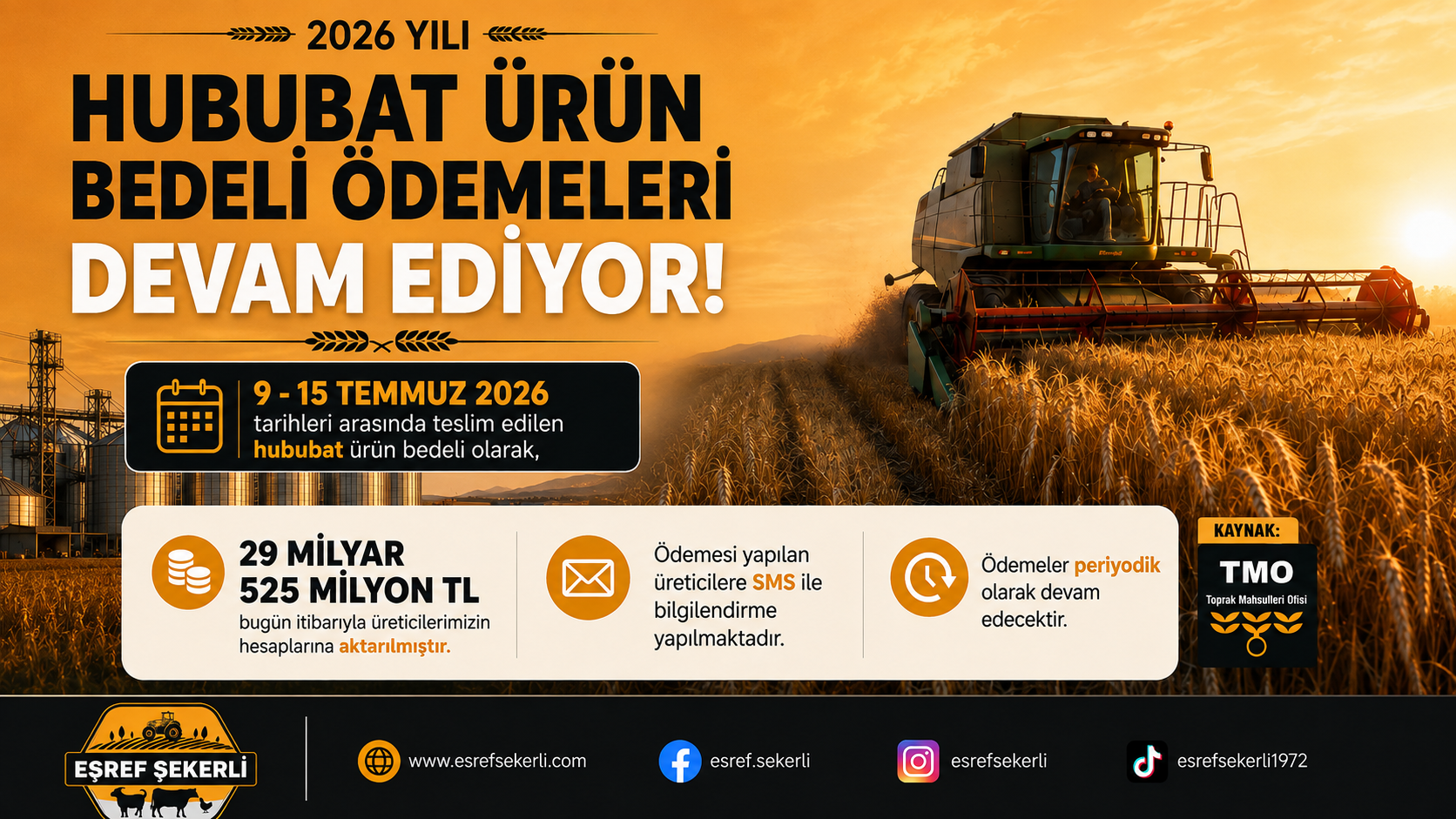 2026 TMO hububat ürün bedeli ödemeleri duyurusu, biçerdöver ve buğday tarlası görseli ile üreticilere yapılan 29 milyar 525 milyon TL ödeme bilgisi