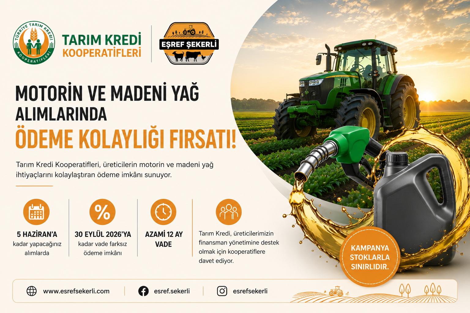Tarım Kredi Kooperatifleri’nin motorin ve madeni yağ alımlarında sunduğu vade farksız ödeme kampanyasını anlatan blog görseli