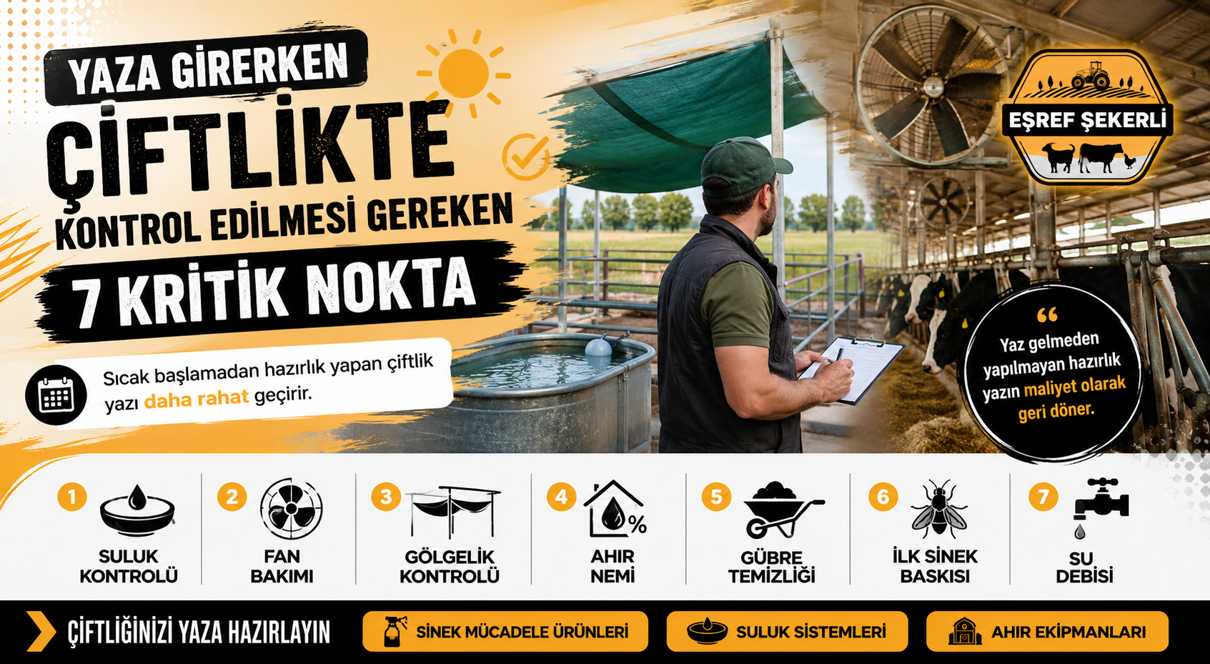 Yaz öncesi çiftlikte suluk, fan ve ahır kontrolü yapan yetiştirici
