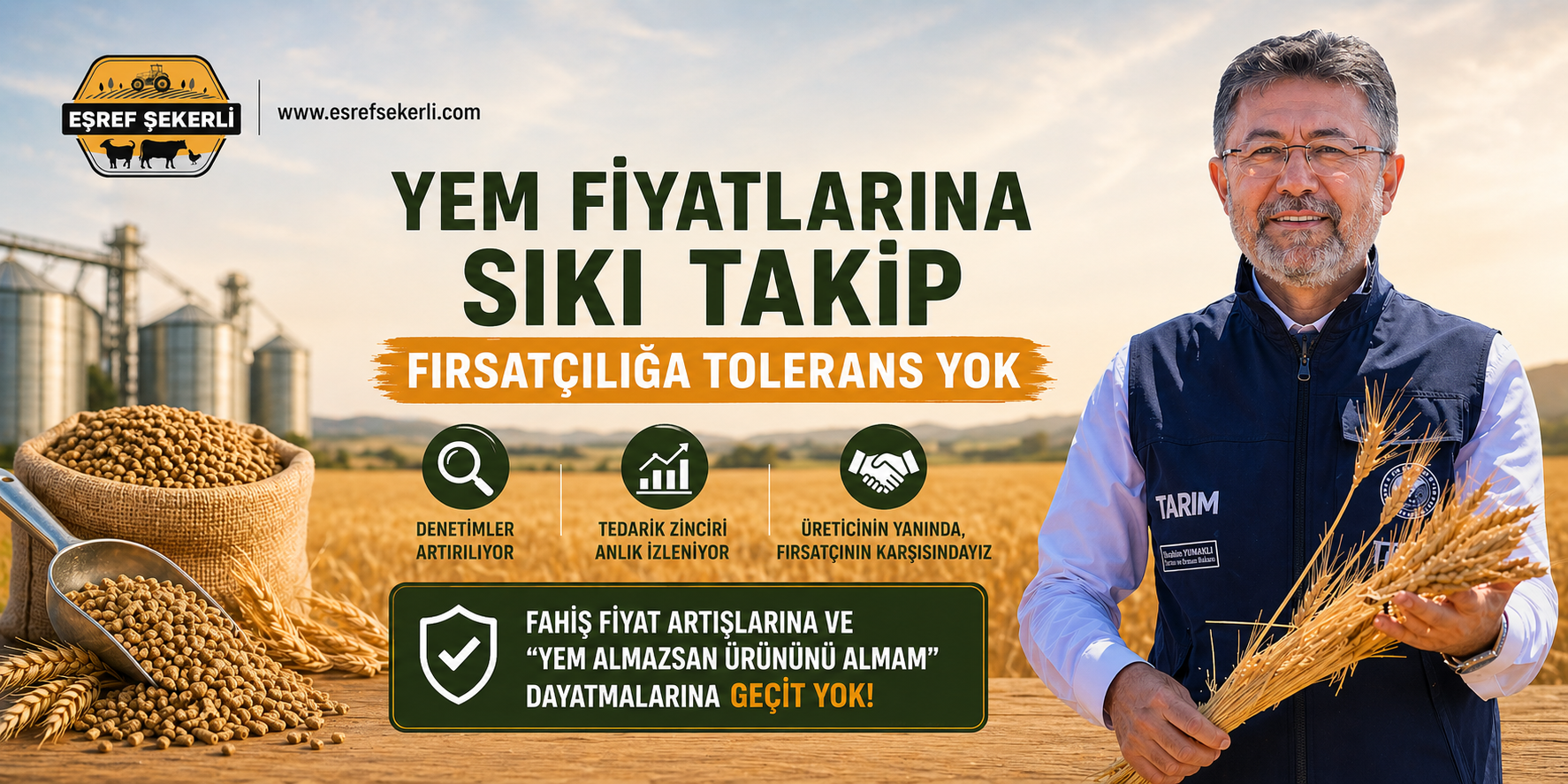 Yem fiyatlarına sıkı denetim, Tarım Bakanı açıklaması ve hayvancılık sektöründe maliyet artışı temalı görsel