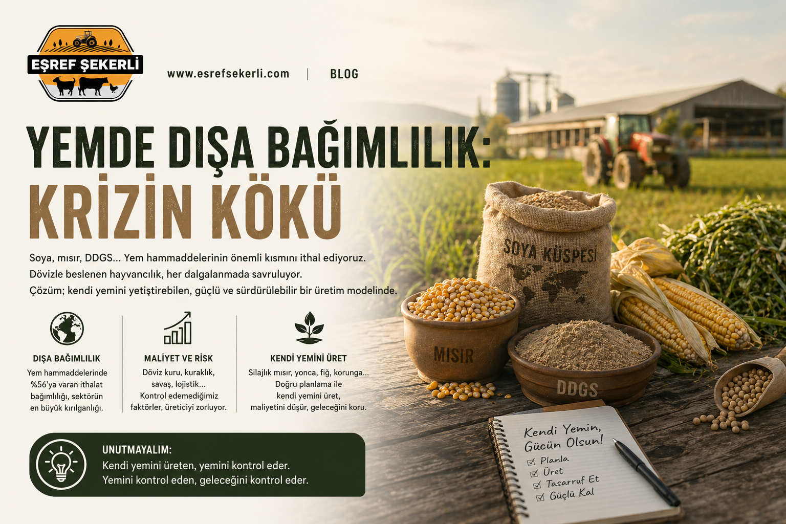 Türkiye’de yem bağımlılığına dikkat çeken, mısır ve soya gibi yem hammaddeleri ile tarla üretimini vurgulayan blog görseli