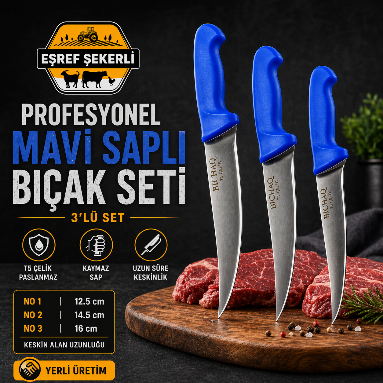 BICHAQ T5 Çelik 3'lü MAVİ Bıçak Seti