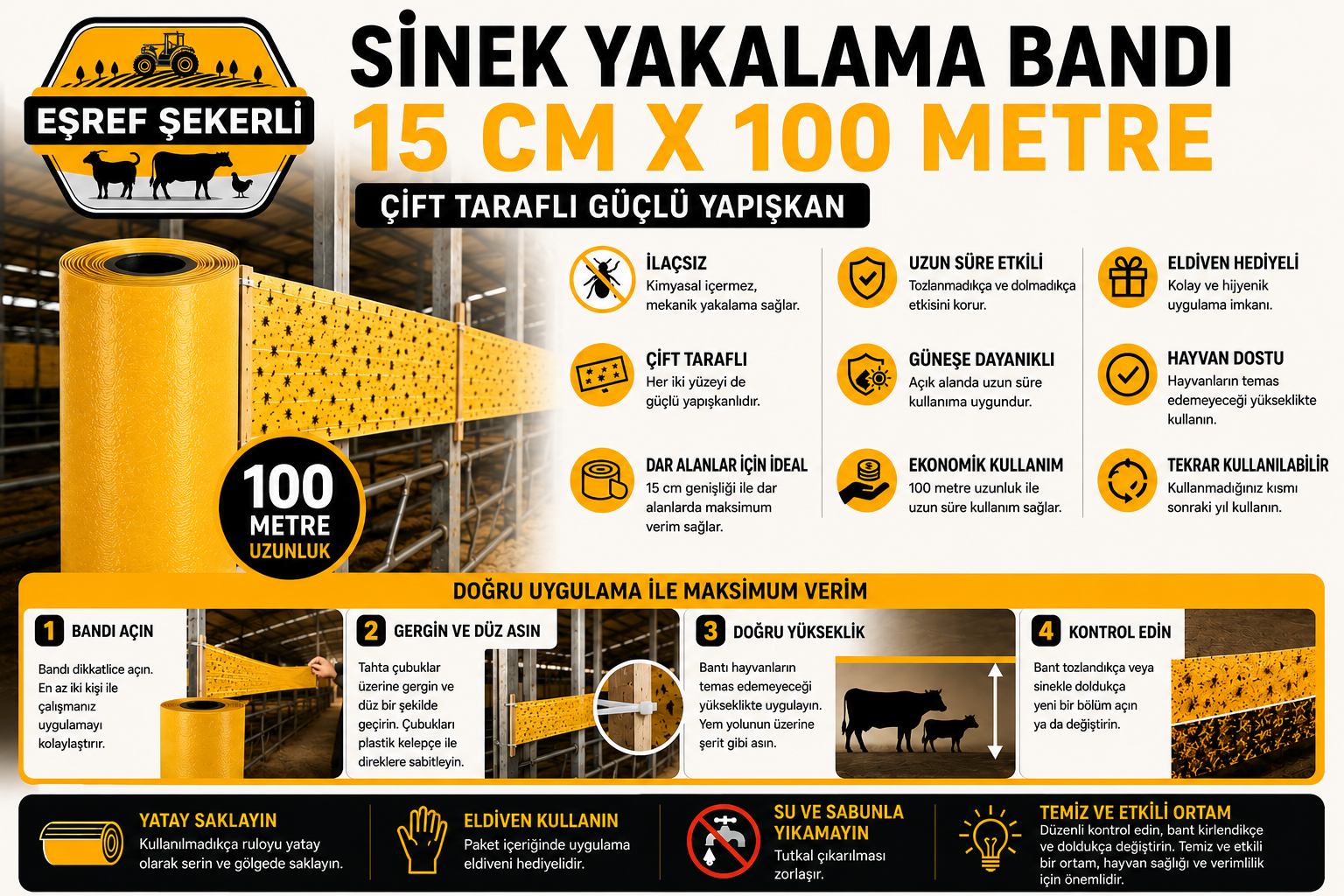Eşref Şekerli 15 cm x 100 metre çift taraflı sinek yakalama bandı