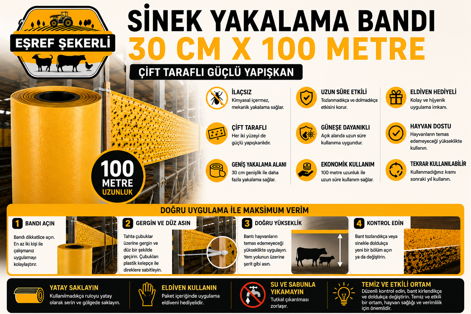 Eşref Şekerli 15 cm x 100 metre çift taraflı sinek yakalama bandı