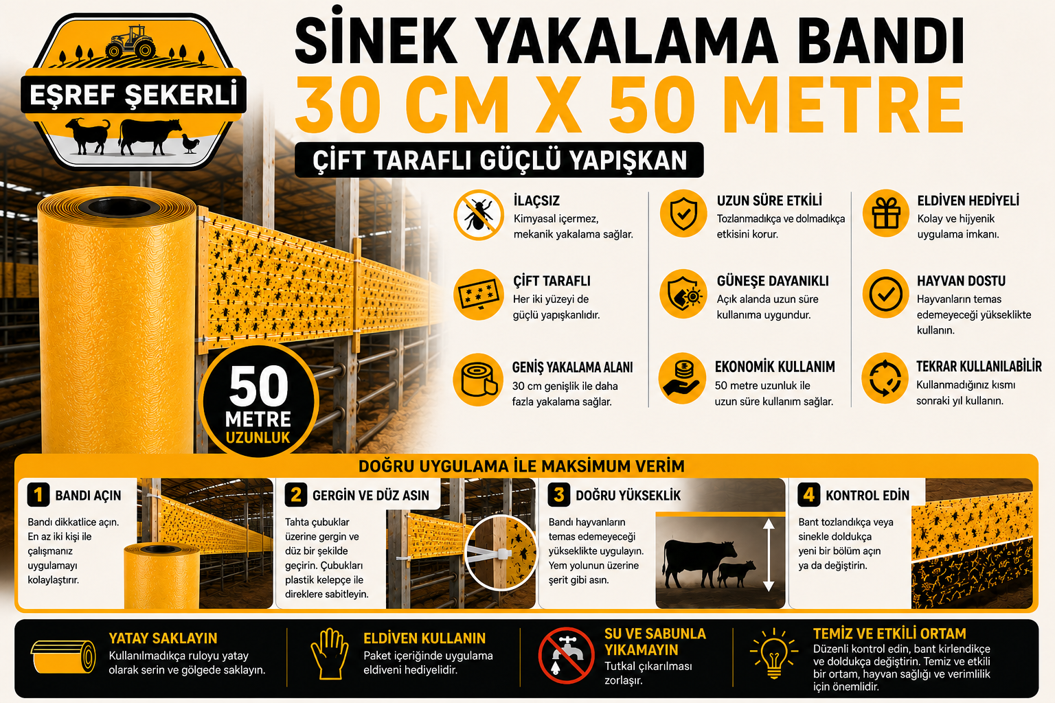 Eşref Şekerli 15 cm x 100 metre çift taraflı sinek yakalama bandı