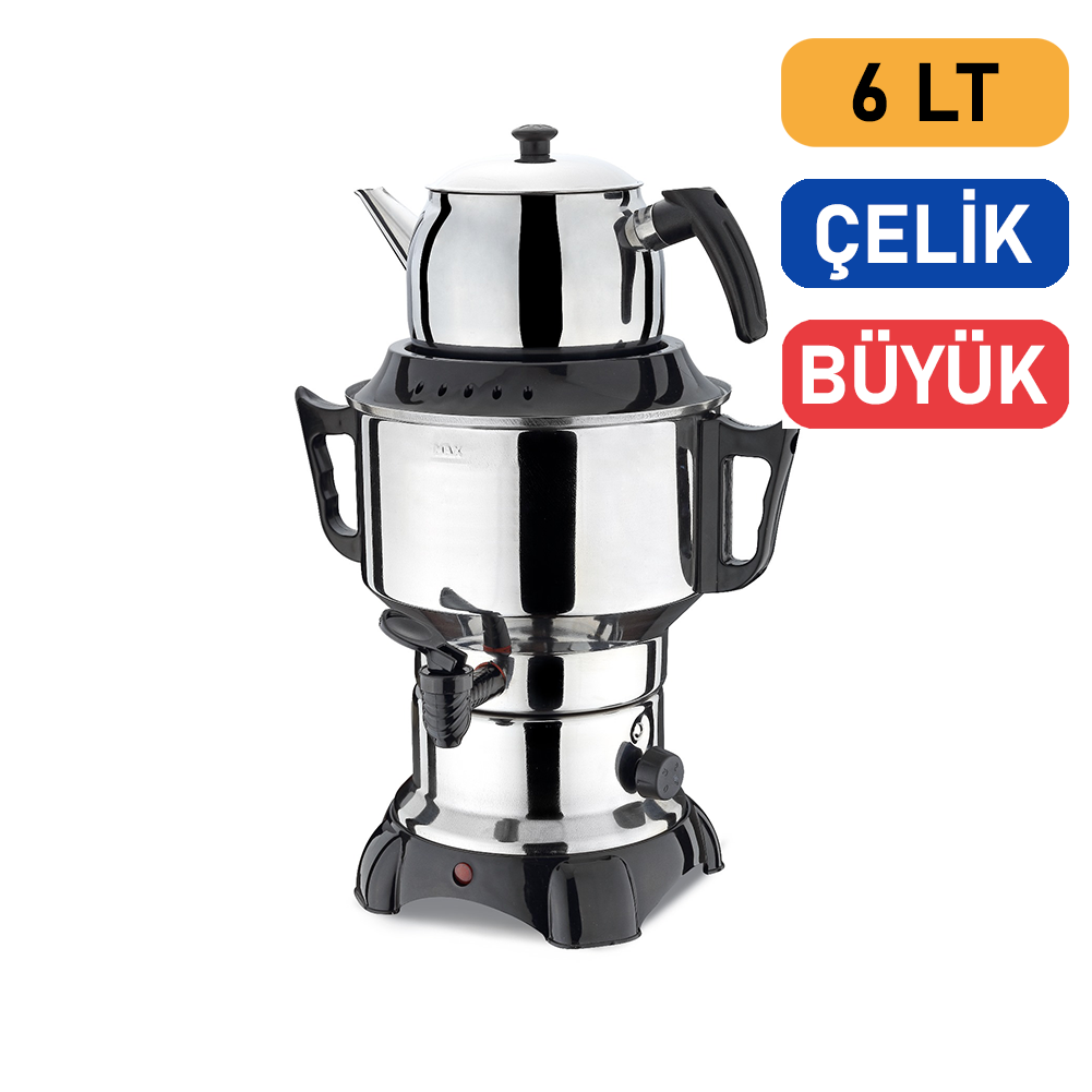 Elektrikli Çelik Aldente Semaver Büyük Boy 6 Litre