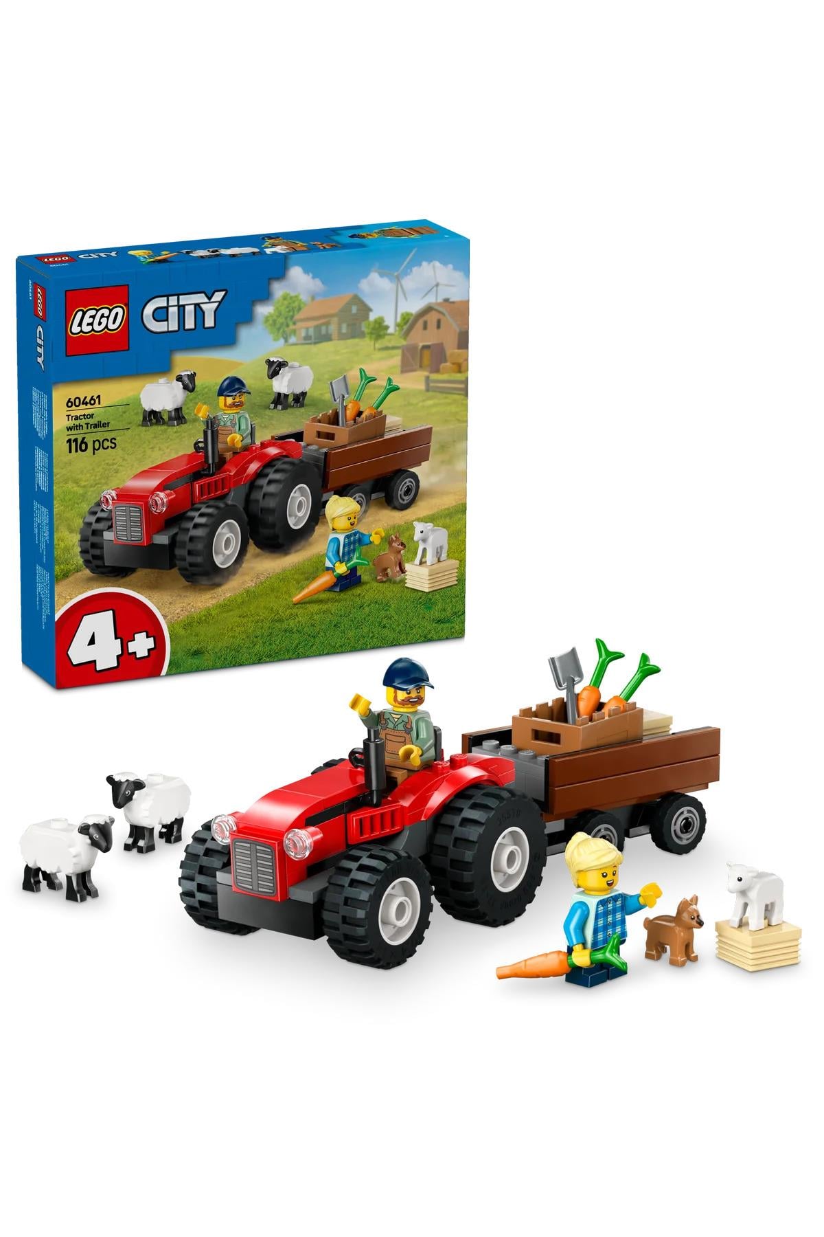 ® City Römorklu Kırmızı Çiftlik Traktörü ve Koyun 60461 - 4+ Oyuncak Yapım Seti (116Parça)-Lego
