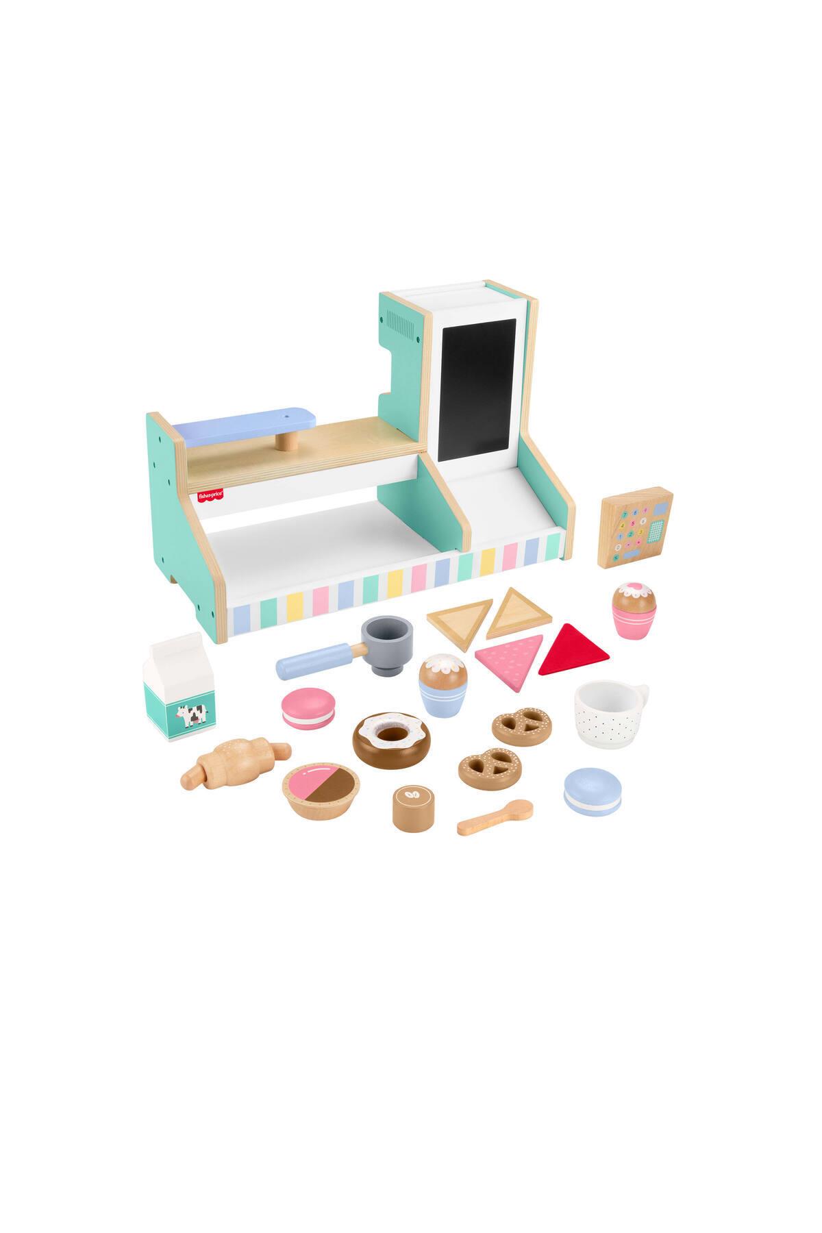 Fisher-Price Ahşap Kafe Seti Okul öncesi çağdaki çocuklar için 20 ahşap parçadan oluşan HXV22-Eğitici Oyuncak