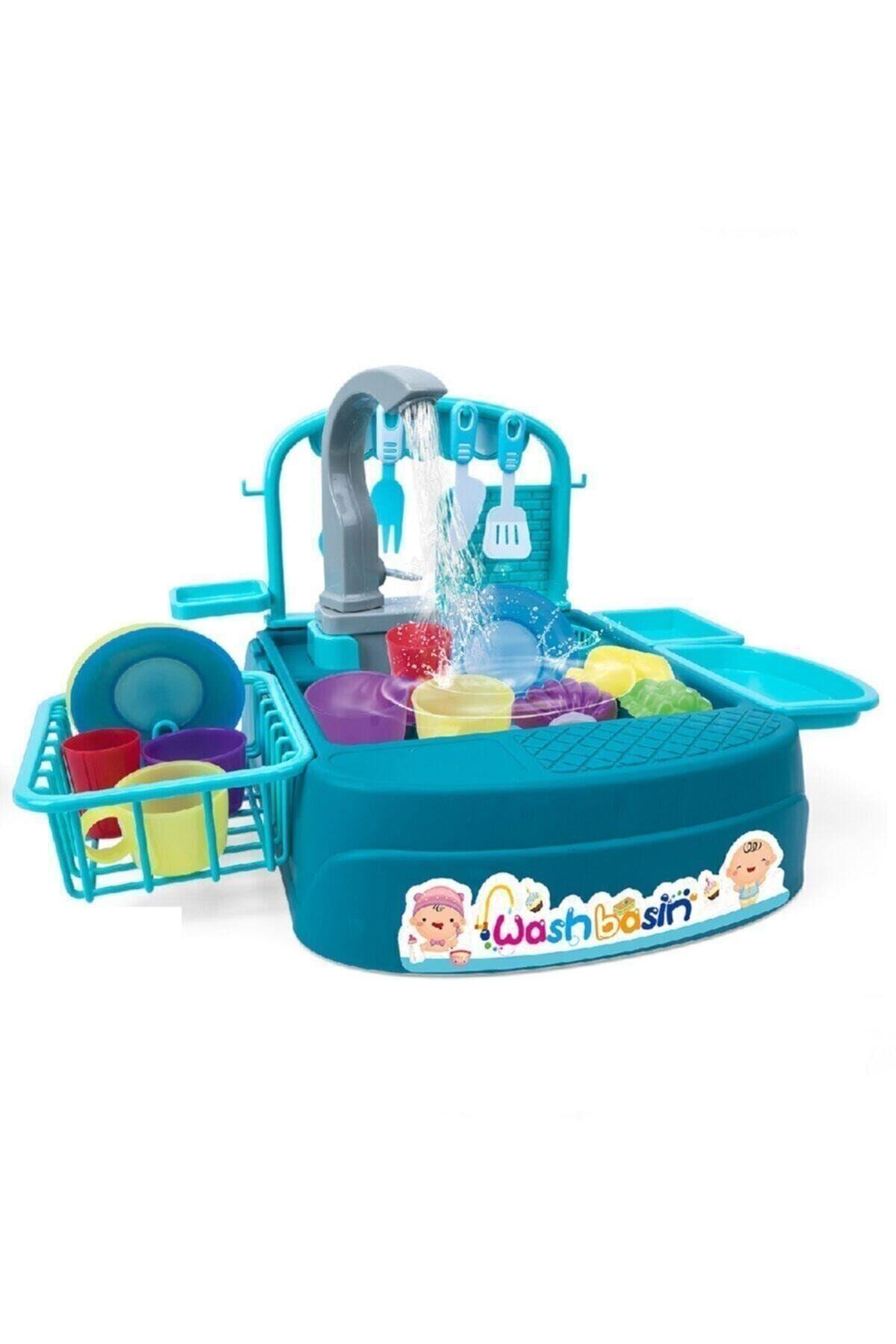 Oyuncak Bulaşık Yıkama Seti - Modern Çeşmeli Lavabo Oyun Seti Turkuaz Ve Pembe Rengi-Kız Rol Oyuncakları
