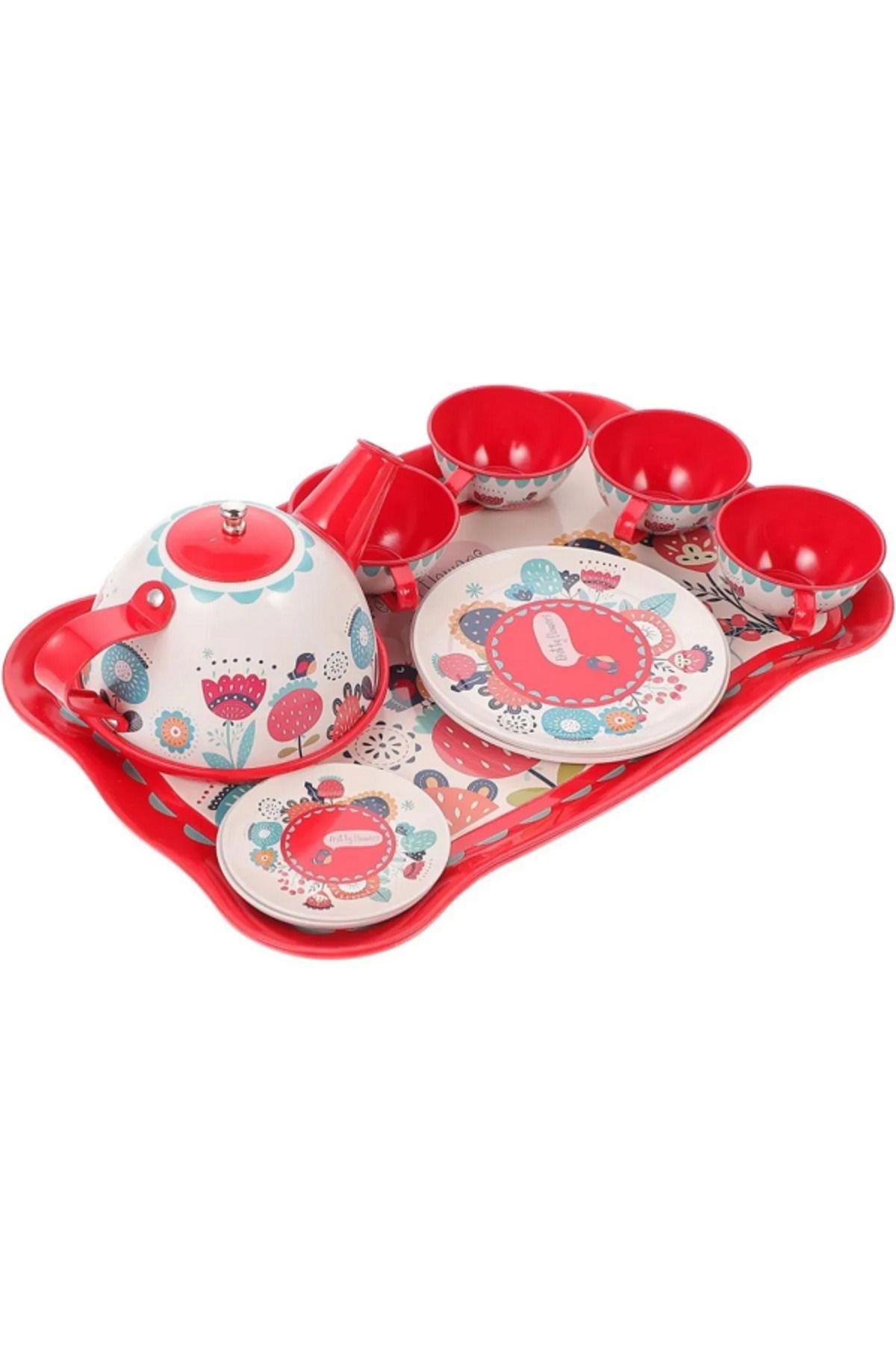 Oyuncak Çay Seti Tepsili Metal 14 parça-Kız Rol Oyuncakları