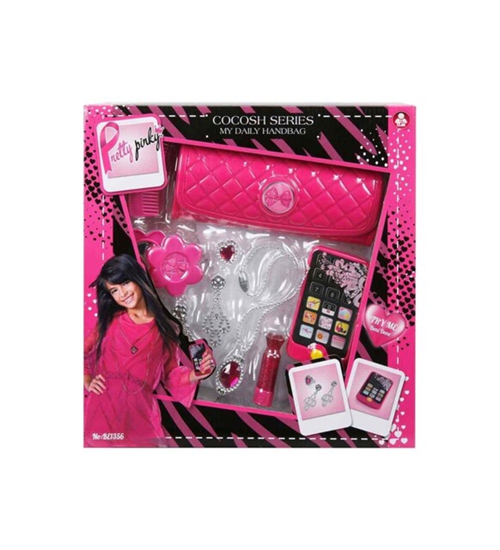 Çantalı Güzellik Oyun Seti - Kolye-Pembe Telefon-Oyuncak Bebekler