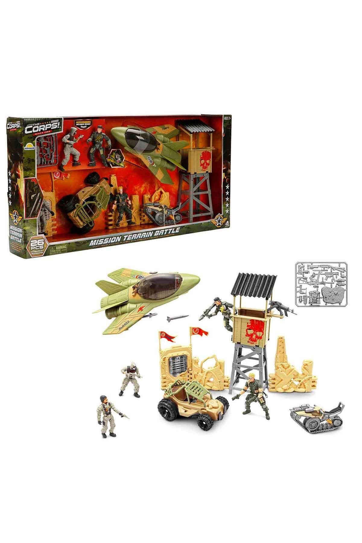 The Corps Mission Terrain Battle Askerî Oyun Seti – Jet, Tank, Arazi Aracı ve 4 Eklemli Asker Figür-Eğitici Oyuncaklar
