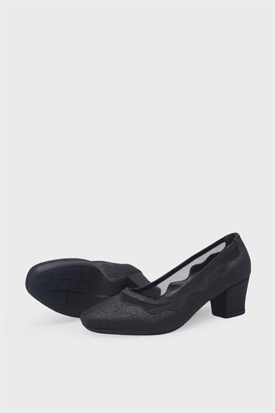 Beety Kadın Küt Burunlu Topuklu Ayakkabı Siyah Simli AKYN8637