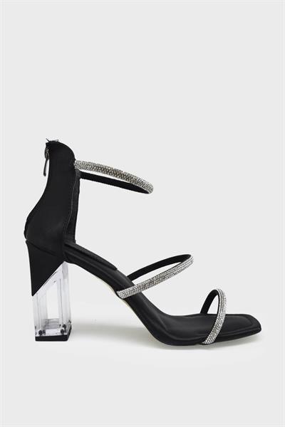 Kanuga Kadın Şeffaf Topuk Taş Detaylı Topuklu Abiye Ayakkabı Siyah BB2022-19