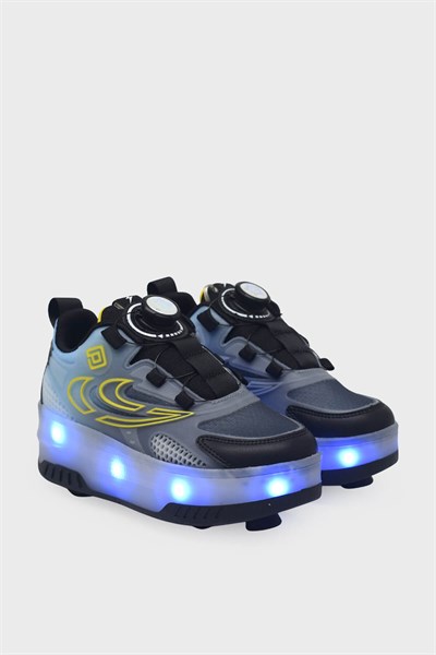 Pepino Unisex Çocuk Patentli ve Işıklı Spor Ayakkabı Siyah Turkuaz P-2227