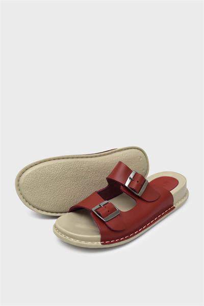 Voog Kadın Çift Kemerli Deri Terlik Kırmızı VOG-P32