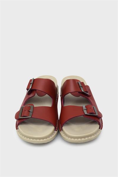 Voog Kadın Çift Kemerli Deri Terlik Kırmızı VOG-P32