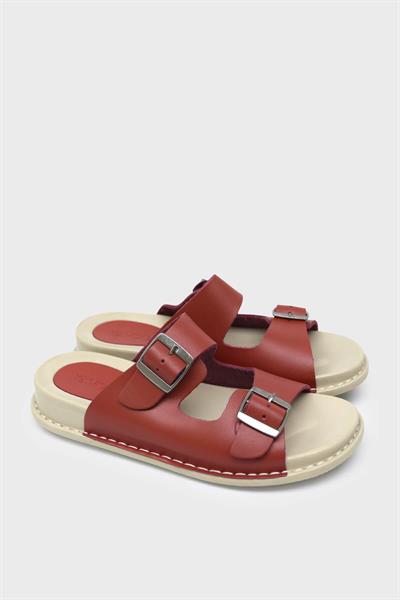 Voog Kadın Çift Kemerli Deri Terlik Kırmızı VOG-P32