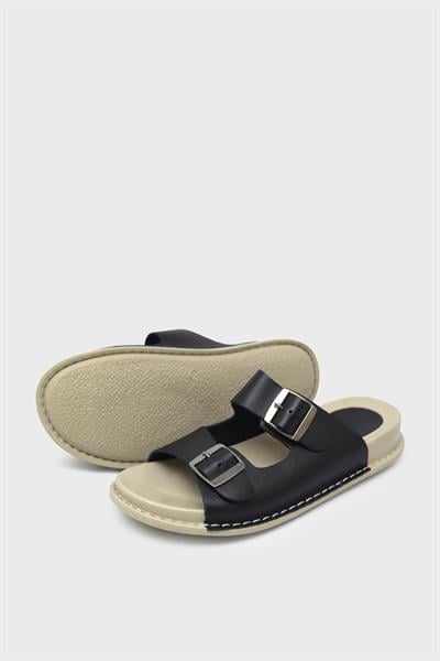 Voog Kadın Çift Kemerli Deri Terlik Siyah VOG-P32