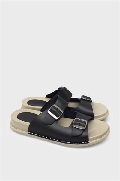 Voog Kadın Çift Kemerli Deri Terlik Siyah VOG-P32