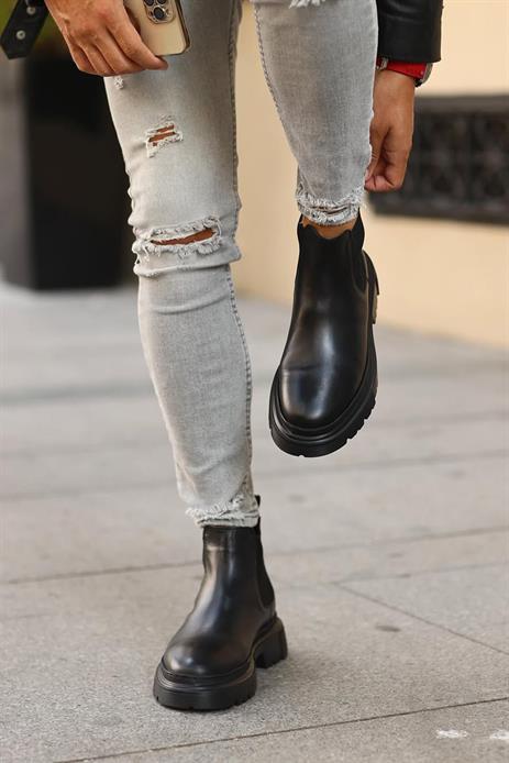 Shoetyle - Siyah Hakiki Deri Erkek Chelsea Bot 101-9046