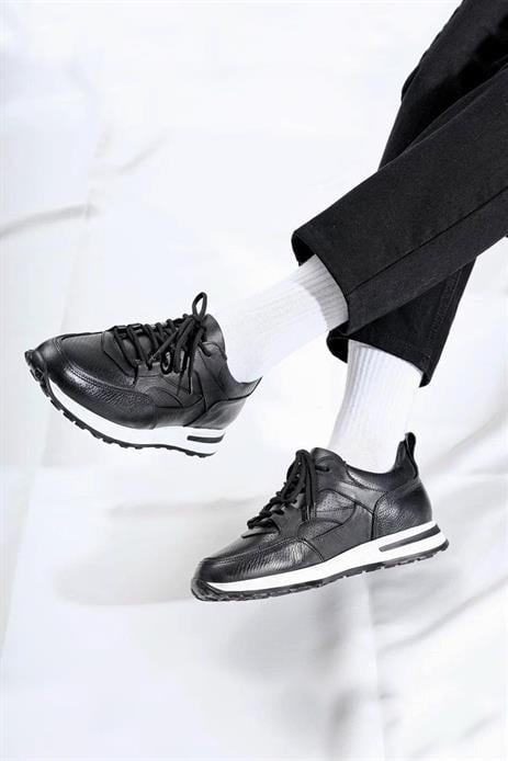 Shoetyle - Siyah Hakiki Deri Bağcıklı Erkek Sneaker 115-K511