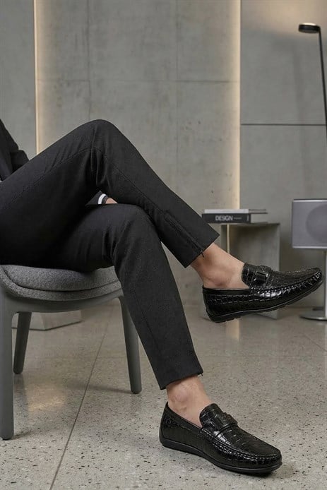 Fosco - Hakiki Deri Siyah Croco Erkek Loafer - 2094 