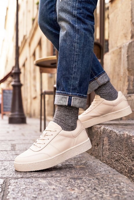 Shoetyle - Bej Renk Hakiki Deri Bağcıklı Erkek Sneaker 666-4404