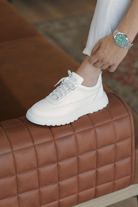 Shoetyle - Beyaz Hakiki Deri Bağcıklı Erkek Sneaker 115-K588
