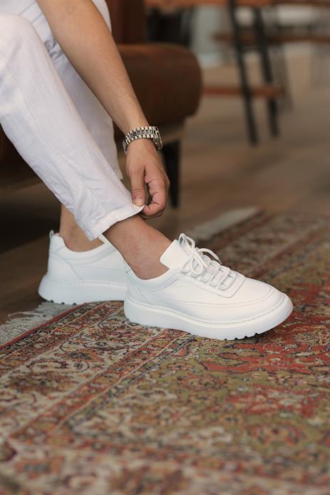 Shoetyle - Beyaz Hakiki Deri Bağcıklı Erkek Sneaker 115-K588