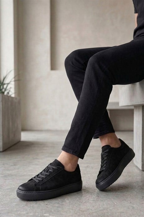 Shoetyle - Hakiki Nubuk Deri Siyah Renk Erkek Sneaker - 666-01-0346