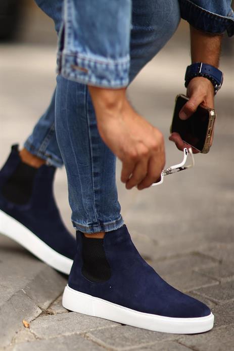 Shoetyle - Lacivert Hakiki Deri Süet Erkek Chelsea Bot   250-041 