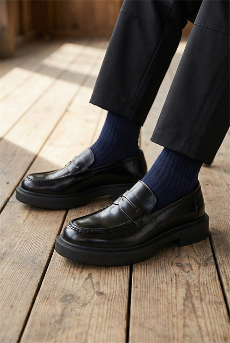 Shoetyle - Siyah Açma Deri Bağcıksız Erkek Klasik Ayakkabı 250-2375