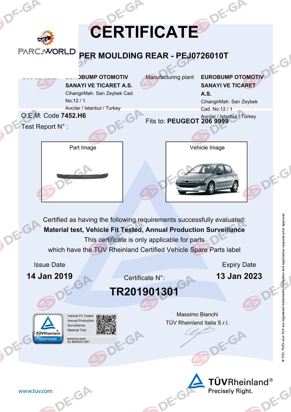 Peugeot 206 Arka Tampon Kuşağı 9806 Tüv